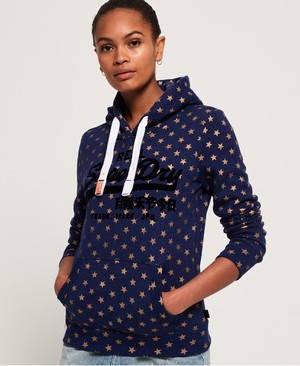 Superdry Vintage Logo Star All Over Print Női Kapucnis Pulóver Sötétkék | LWUNE5429